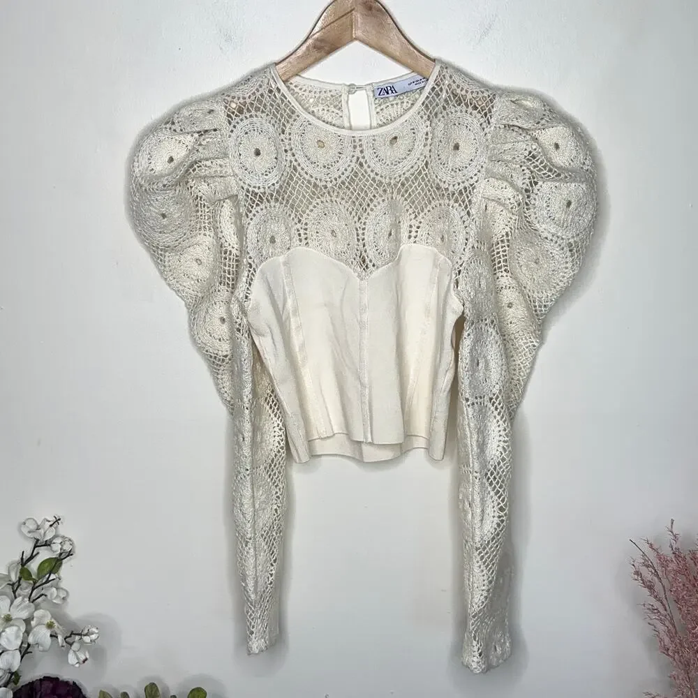 ZARA Combination Crochet Knit Corset Puff Shoulder Top Ivory Cream {F53}